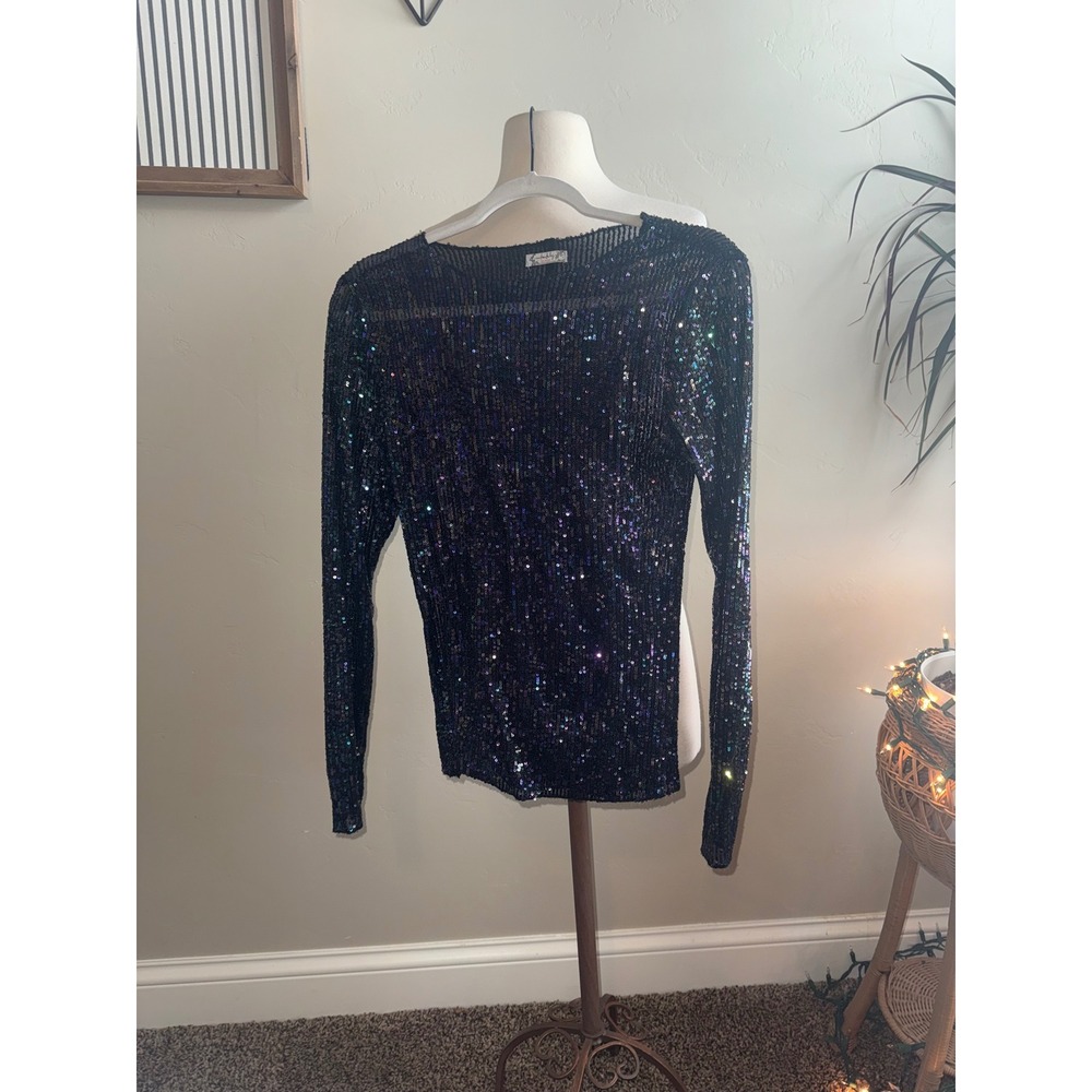 Free People Sequin Long Sleeve Mesh Top Black Iridescent Sparkle Party